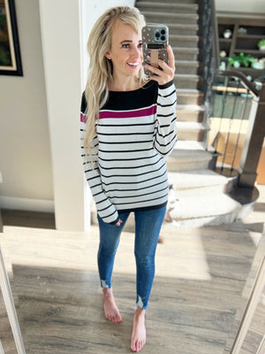 Way Up High Striped Sweater Top in Ivory and Magenta