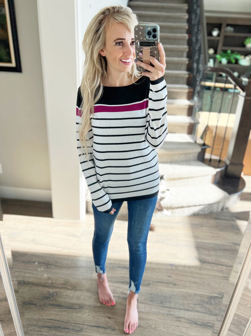 Way Up High Striped Sweater Top in Ivory and Magenta