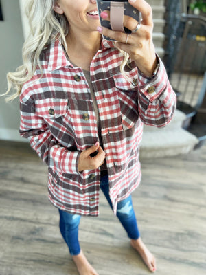 Yes Please Plaid Sherpa Lined Shacket in Red Plaid