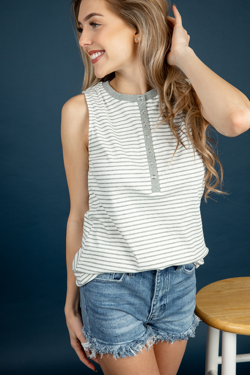 Like It or Not Striped Henley Tank Top in Gray