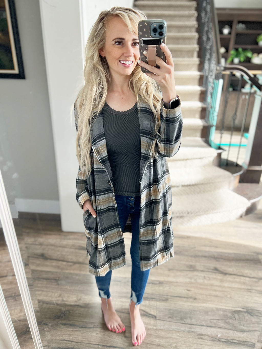 The Classic Look Plaid Long Jacket in Charcoal