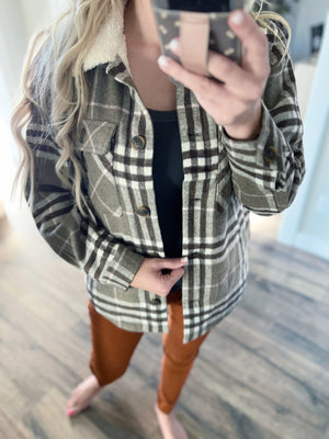 Keep You Here Sherpa Lined Plaid Shacket in Cocoa