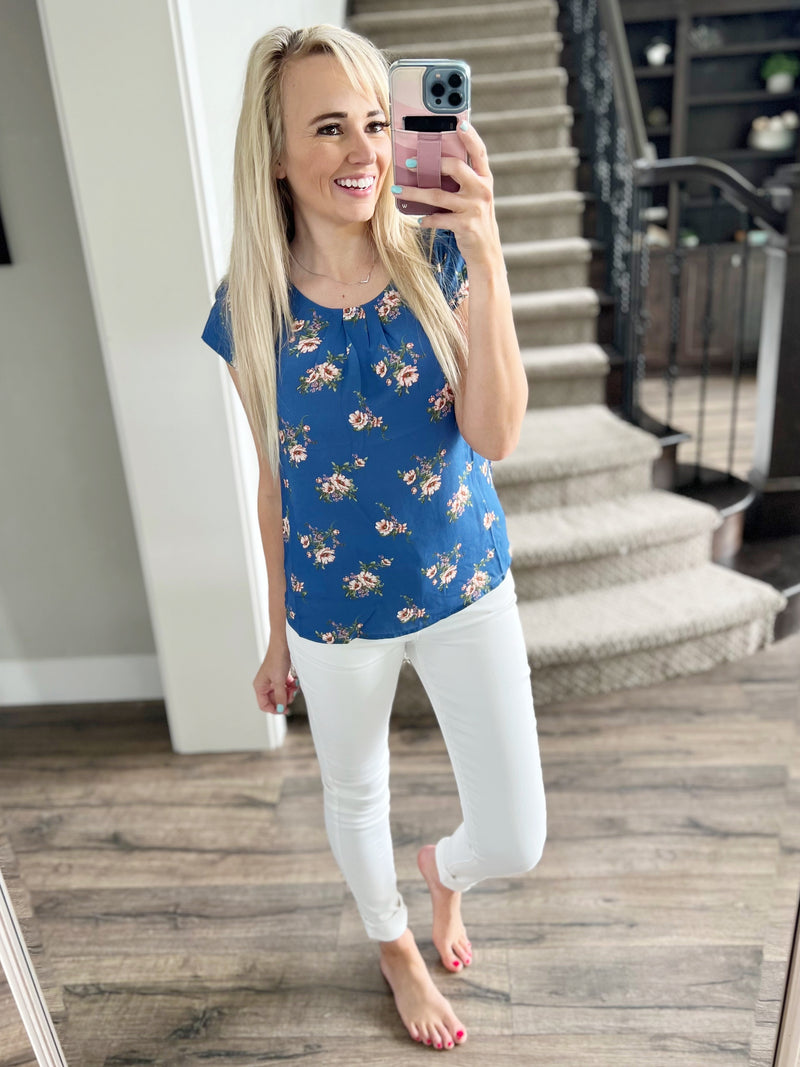 Help Me With It Floral Top in Dusty Blue