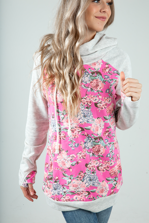 Fewer Still Floral Double Hoodie in Pink