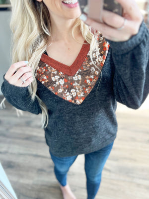 With You Now Floral Detailed Top in Charcoal