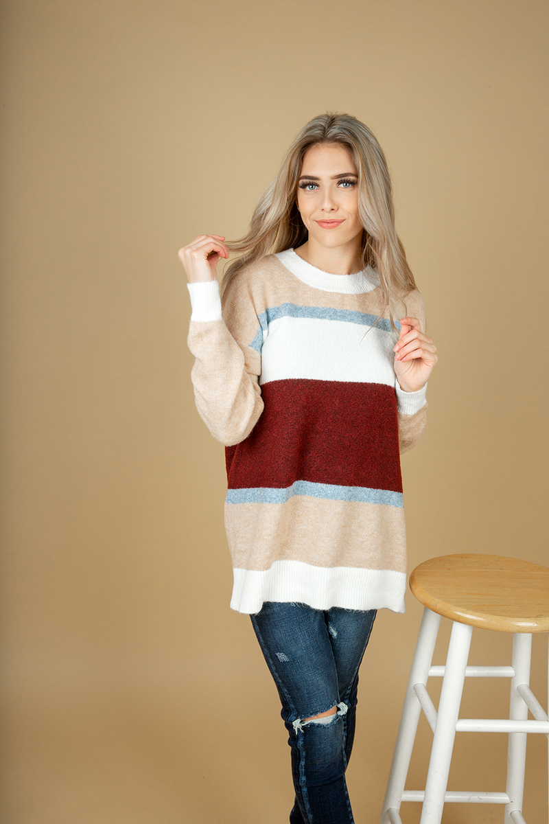 Pulling it Out Color Block Top in Taupe and Burgundy (SALE)