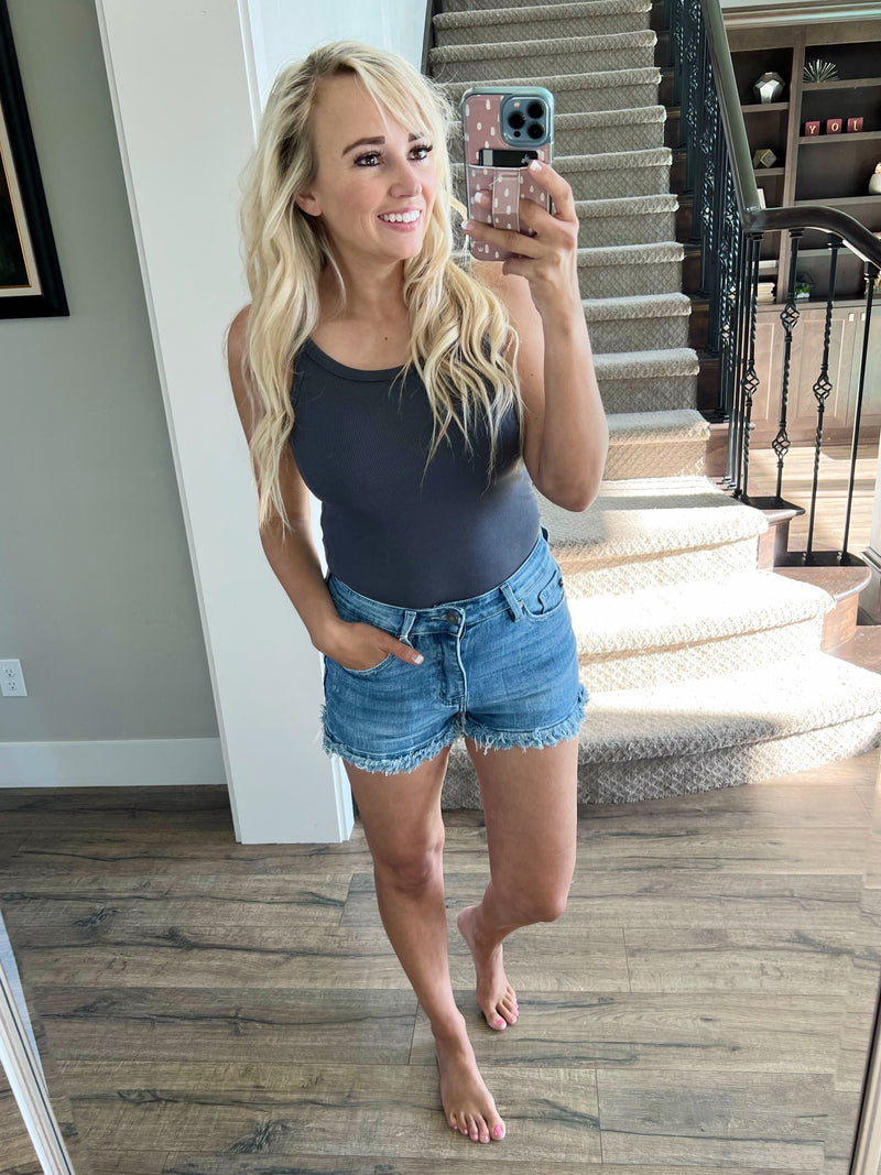 Want Me To Stay Ribbed Tank Top in Charcoal (SALE)