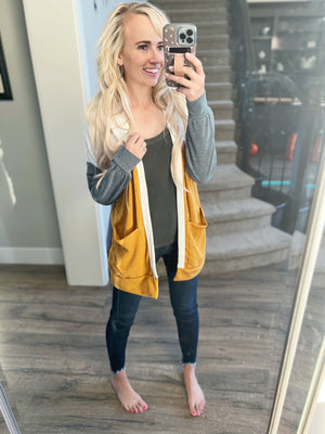 Caution To The Wind Cardigan in Ivory, Gold and Olive