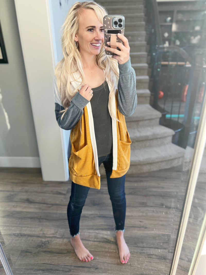Caution To The Wind Cardigan in Ivory, Gold and Olive