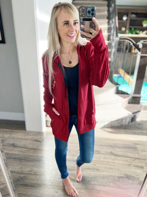 Rest Assured Zip-Up Hoodie in Deep Red