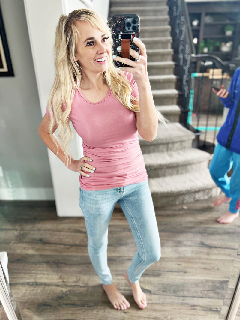 Celebrate Short Sleeve Side Scrunch Tee in Pink