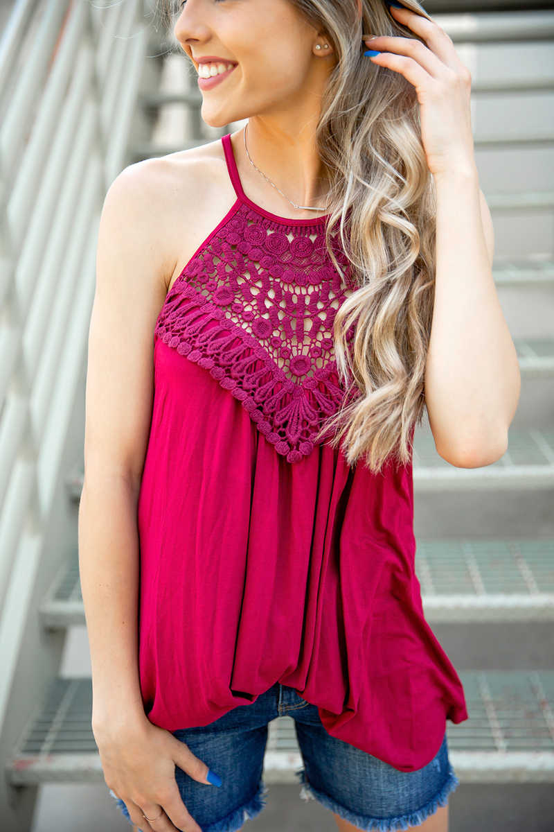 My Confidence Crochet Halter Tank Top in Burgundy (SALE)