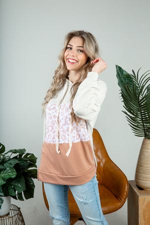 Stepping Away Animal Print Color Block Hoodie in Peach