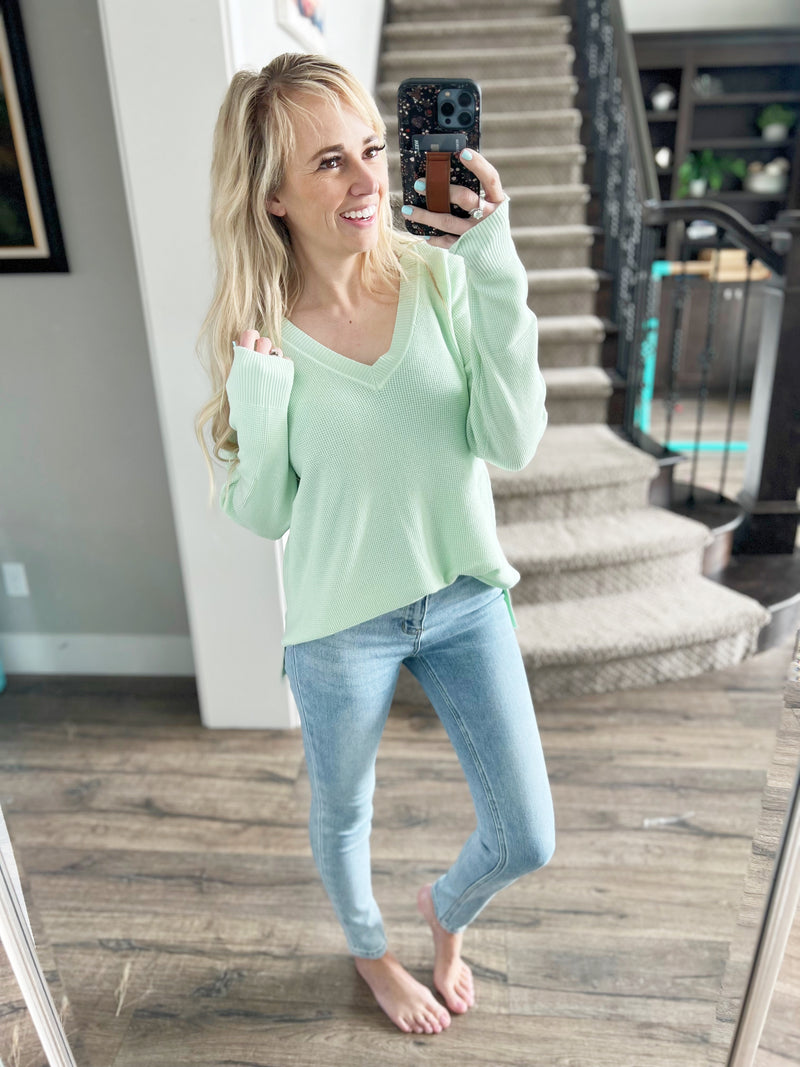 My Turn Knit V-Neck Sweater in Honeydew