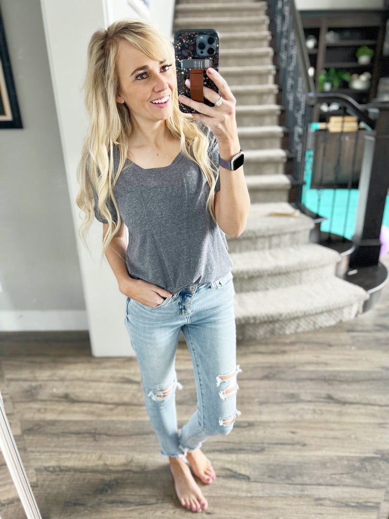 Most Fabulous Knit Twist Neck Short Sleeve Top in Charcoal