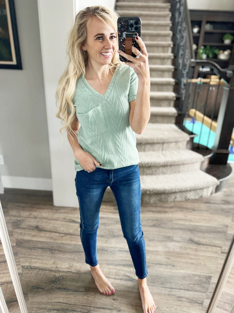 Come Fly With Me Cable Knit V-Neck T-Shirt in Sage
