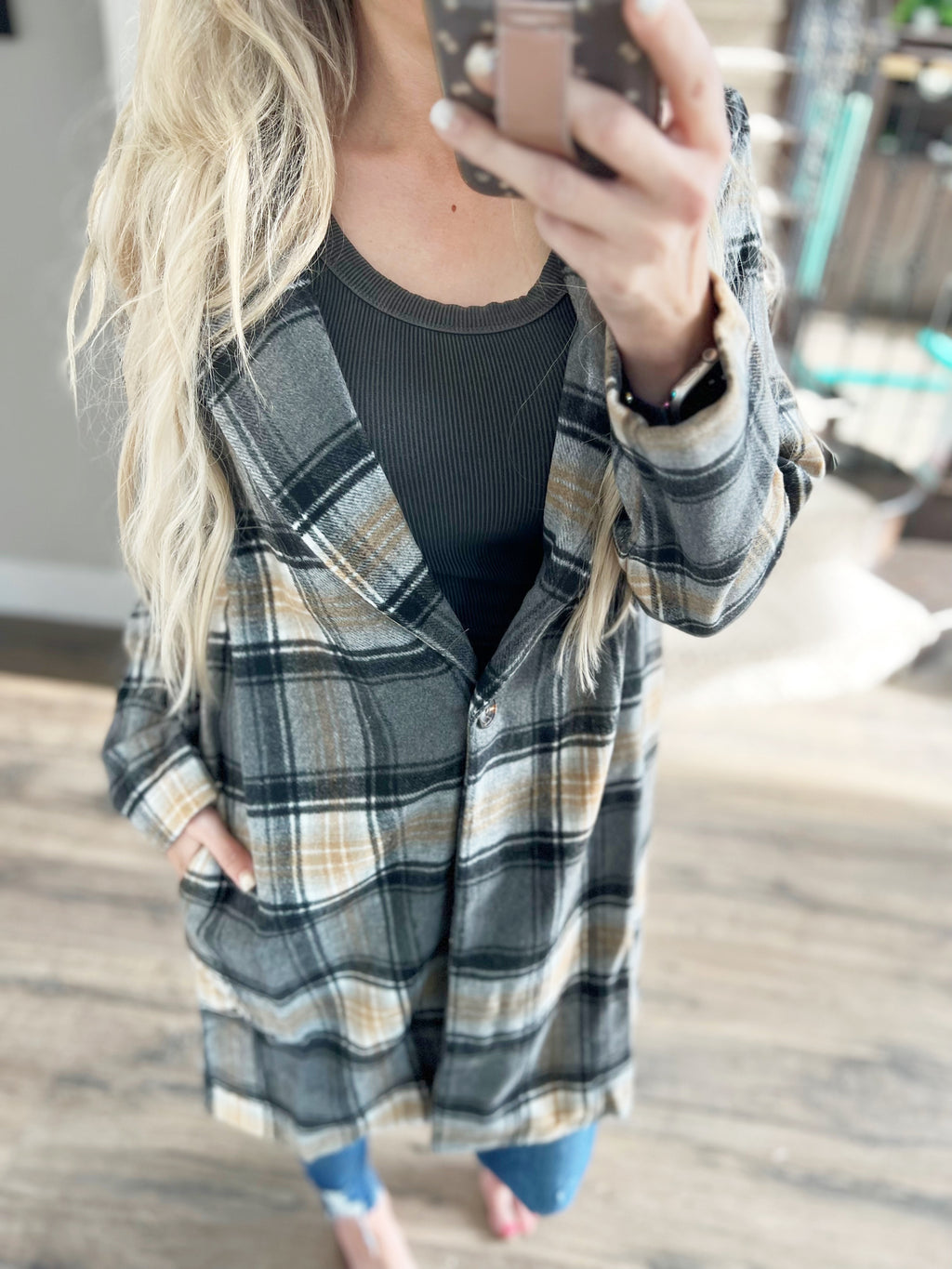 The Classic Look Plaid Long Jacket in Charcoal