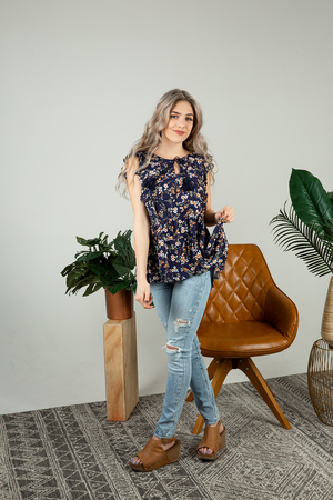 Break My Fall Floral Top in Navy (SALE)