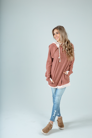 Your Eyes Striped Ribbed Double Hoodie in Brick (SALE)