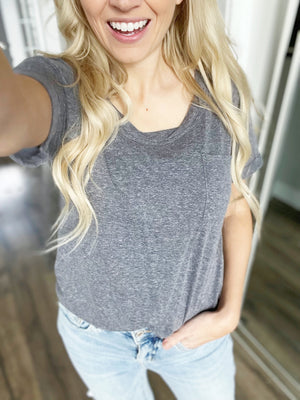 Most Fabulous Knit Twist Neck Short Sleeve Top in Charcoal