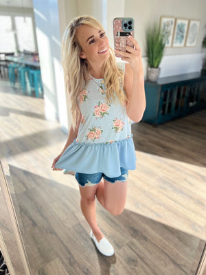 Picture This Floral Button Tank With Ruffle in Dusty Blue (SALE)