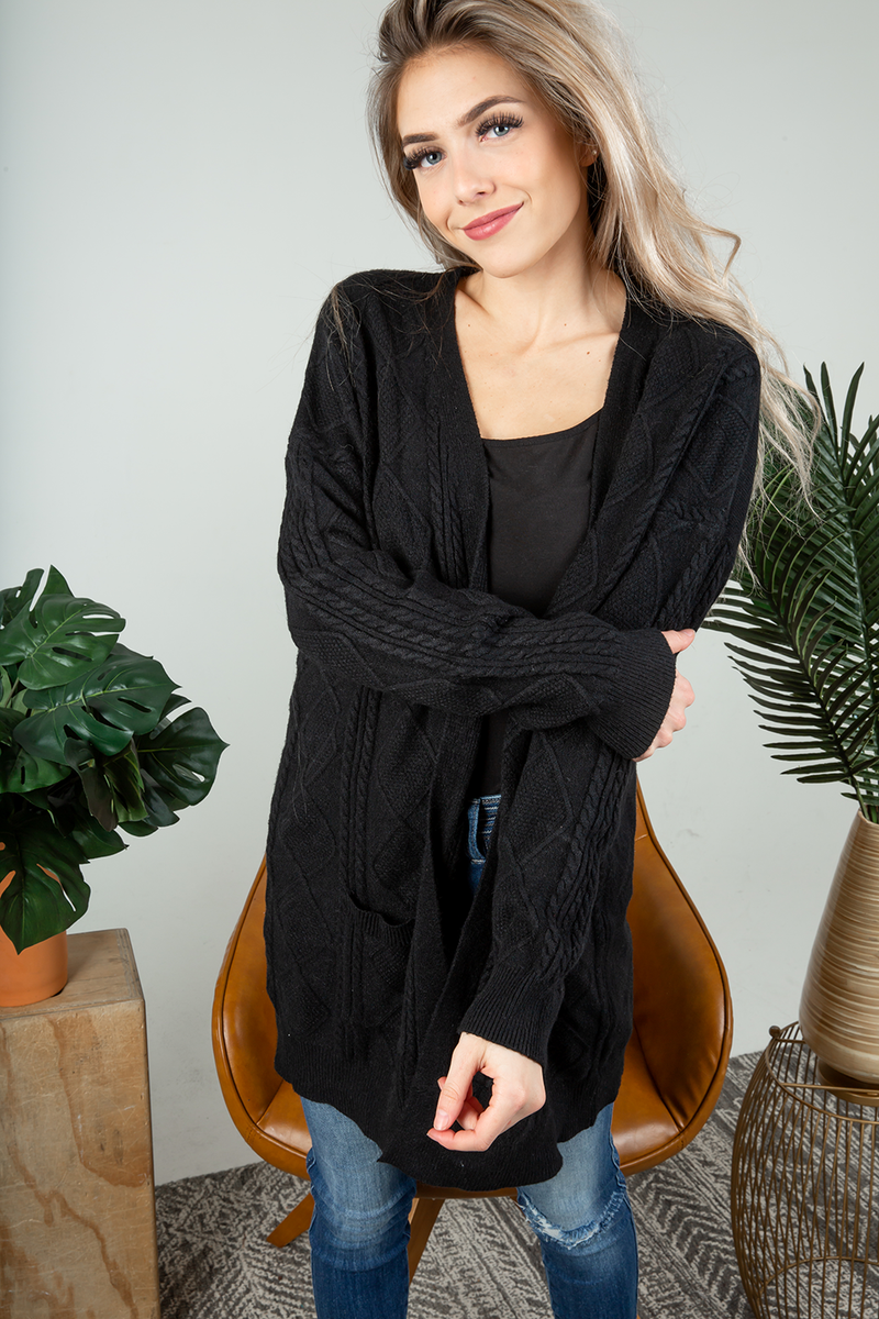 On For Tonight Patterned Knit Cardigan in Black