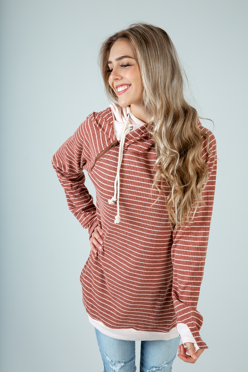 Your Eyes Striped Ribbed Double Hoodie in Brick (SALE)