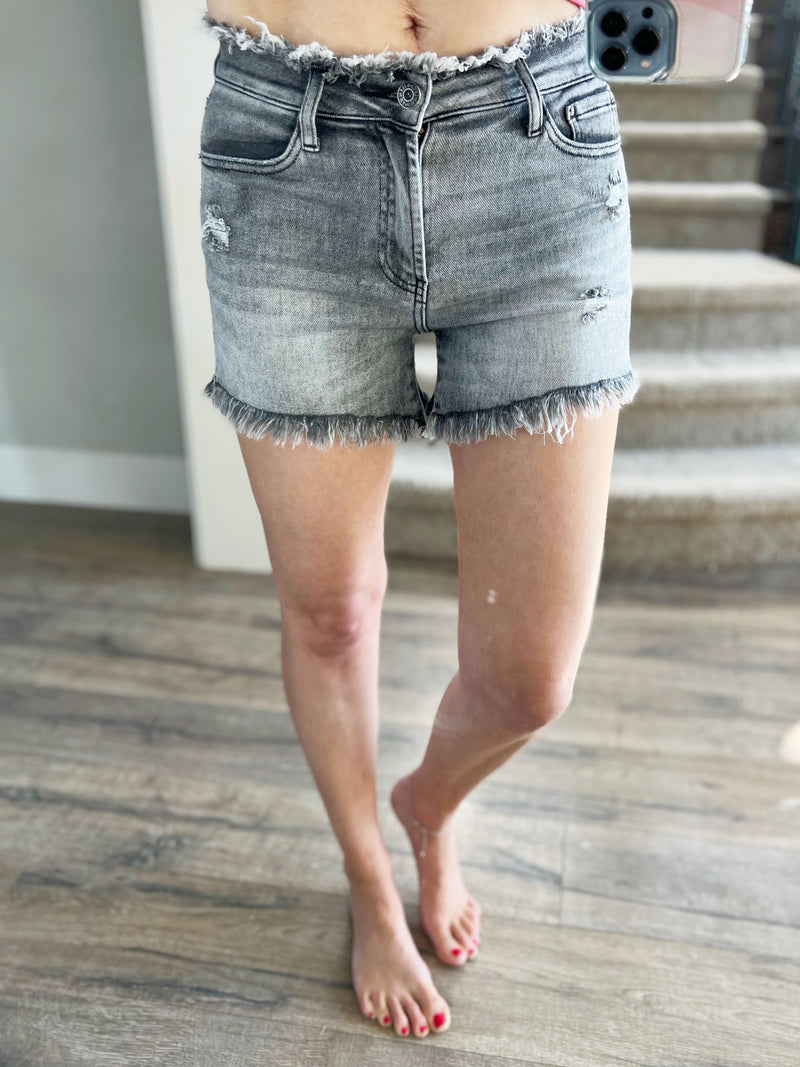 Risen Coming to You Frayed Hem Shorts in Charcoal