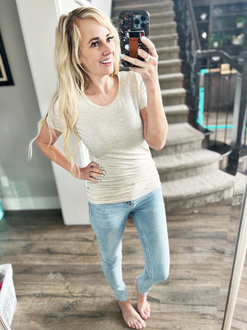 Celebrate Short Sleeve Side Scrunch Tee in Oatmeal