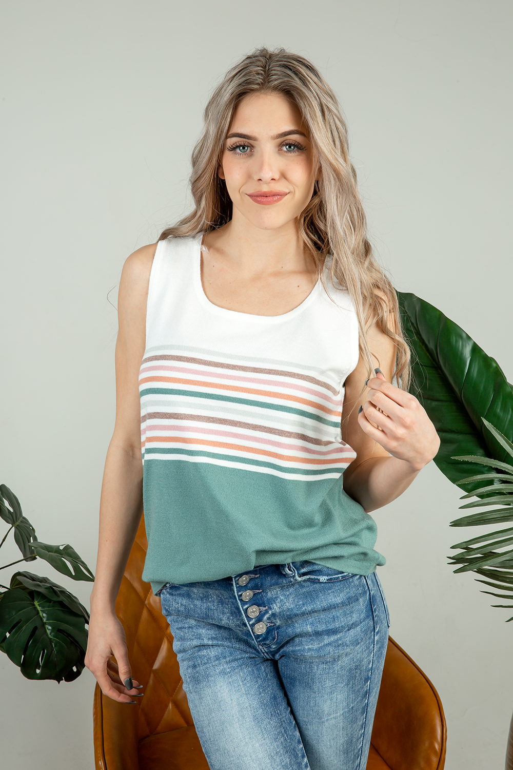 One Last Time Striped Color Block Sweater Tank in Teal