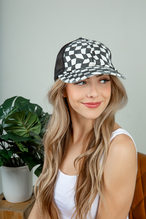 CC Ponytail Checker Baseball Cap in Black and White