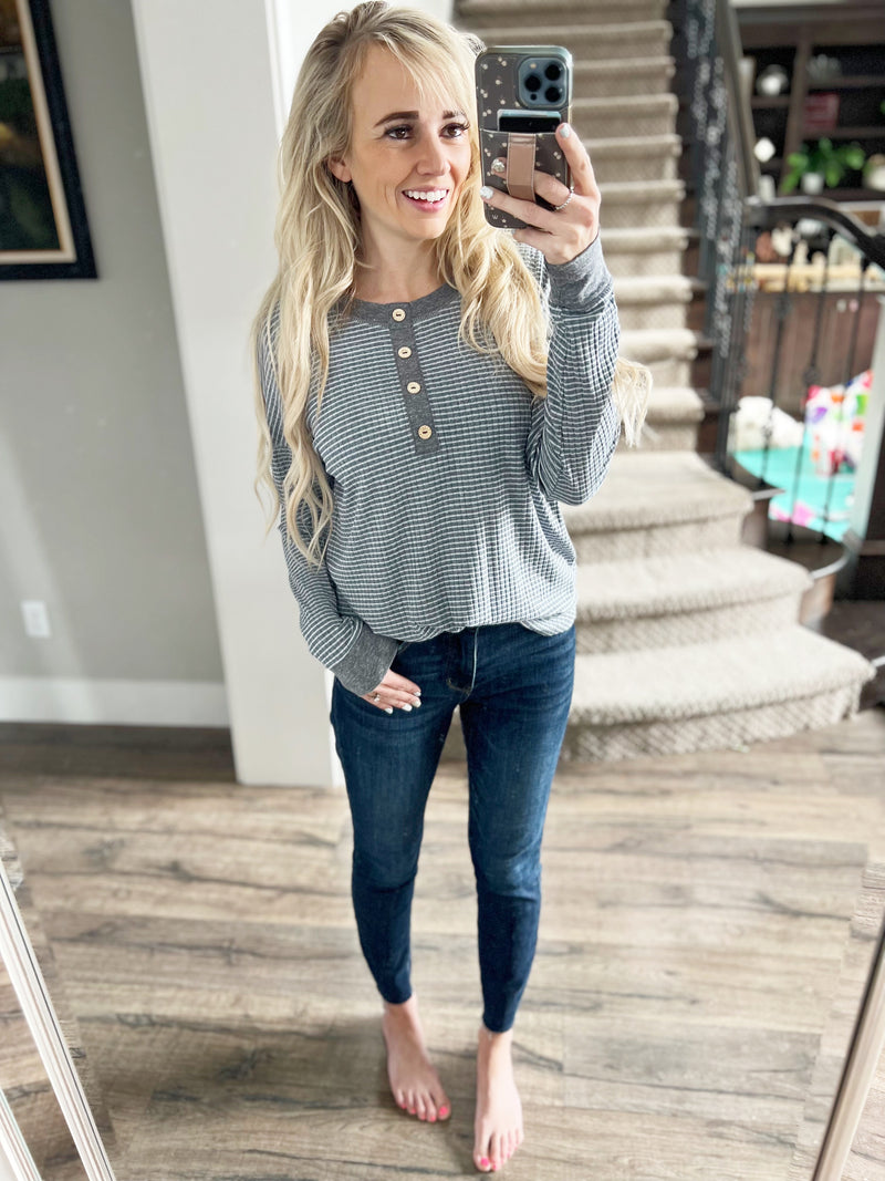 Something New Henley Striped Top in Navy