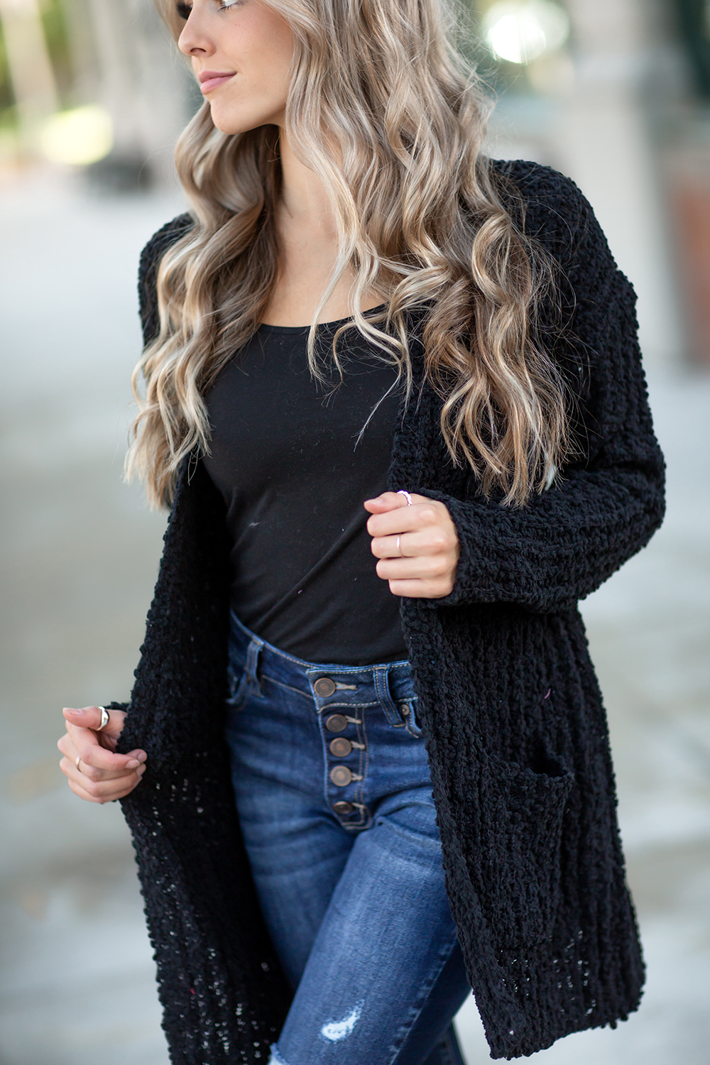 See it in Time Popcorn Cardigan in Black Ivory Gem