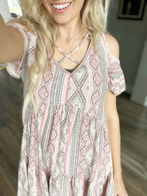 You Are Good Cold Shoulder Aztec Dress in Light Pink (SALE)