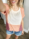 Big Time Color Block Ribbed Short Sleeve in Peach and Berry