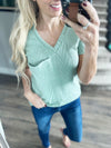 Come Fly With Me Cable Knit V-Neck T-Shirt in Sage