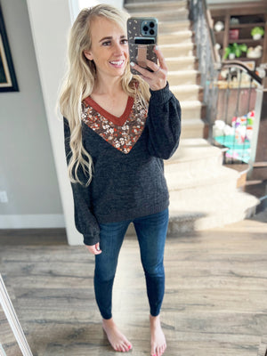 With You Now Floral Detailed Top in Charcoal