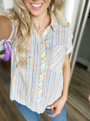 On Vacation Multi Striped Short Sleeve Button Up