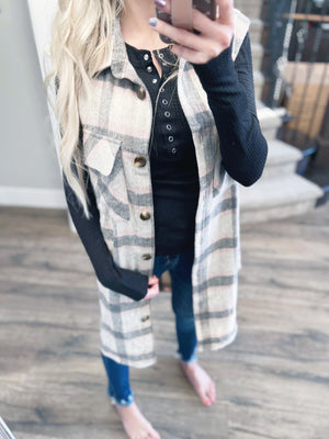 Another Winner Plaid Long Vest in Pink and Gray