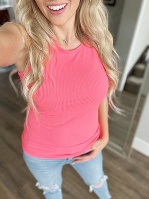 What a Time Ribbed Tank Top in Neon Coral (SALE)