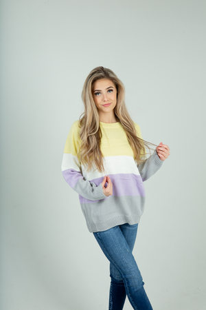 Like It or Not Color Block Sweater in Lemon, Lavender, and Gray (SALE)