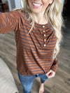 To The Top Striped Henley Top in Chestnut