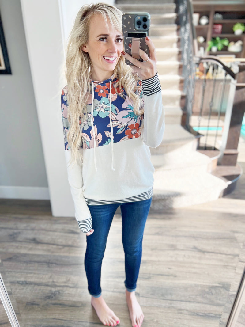 Time to Be Happy Floral Hoodie in Navy