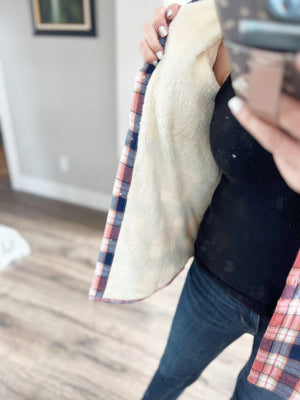 Think About It Plaid Sherpa Lined Top in Pink and Blue
