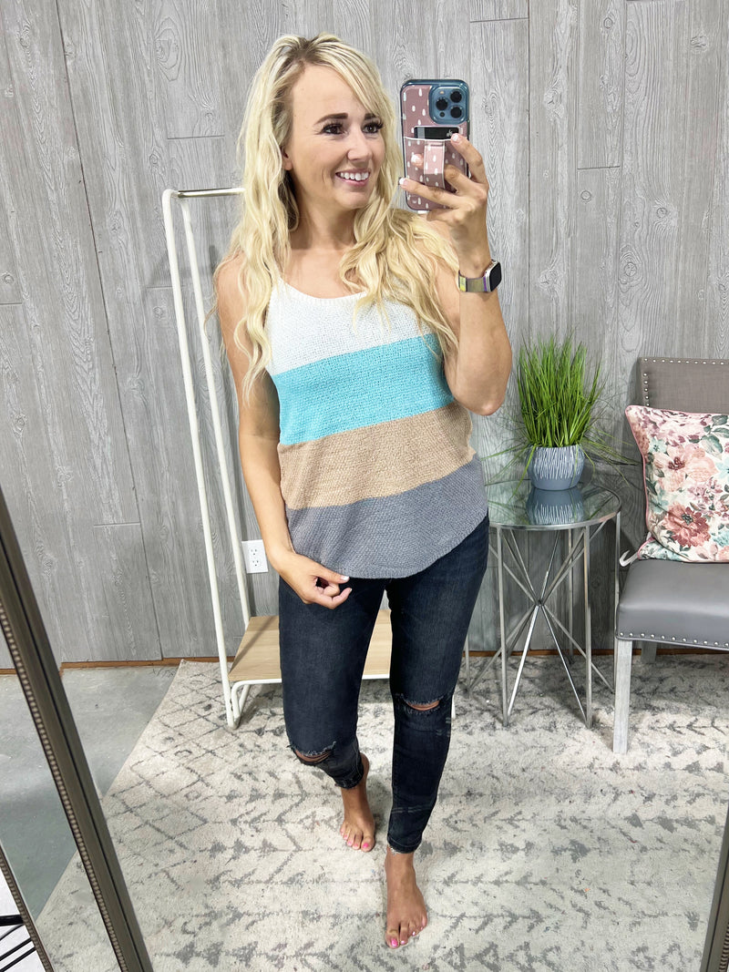 Keep Holding On Color Block Sweater Tank in Light Teal, Ivory, and Mocha