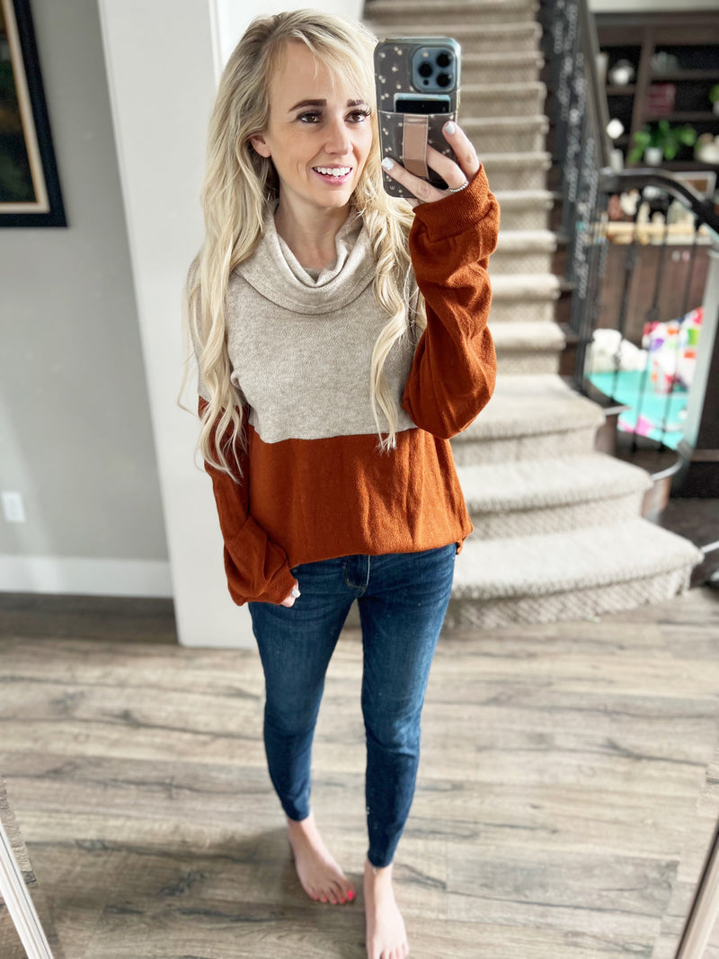 Talking About It Cowl in Rust and Oatmeal