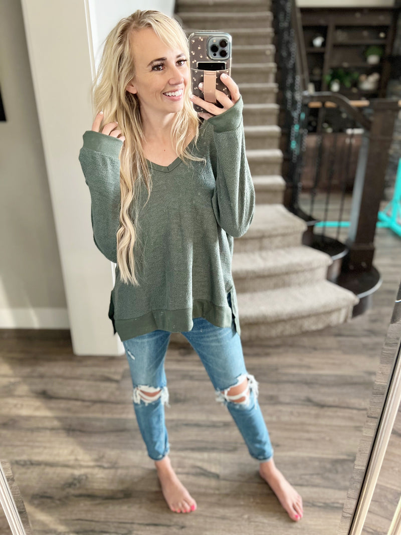 Good Impression Reversed Terry Top in Olive