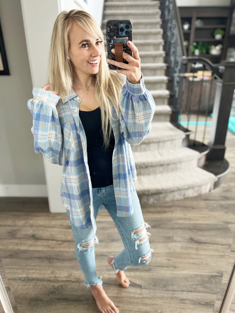 Already Gone Plaid Top in Baby Blue (SALE)