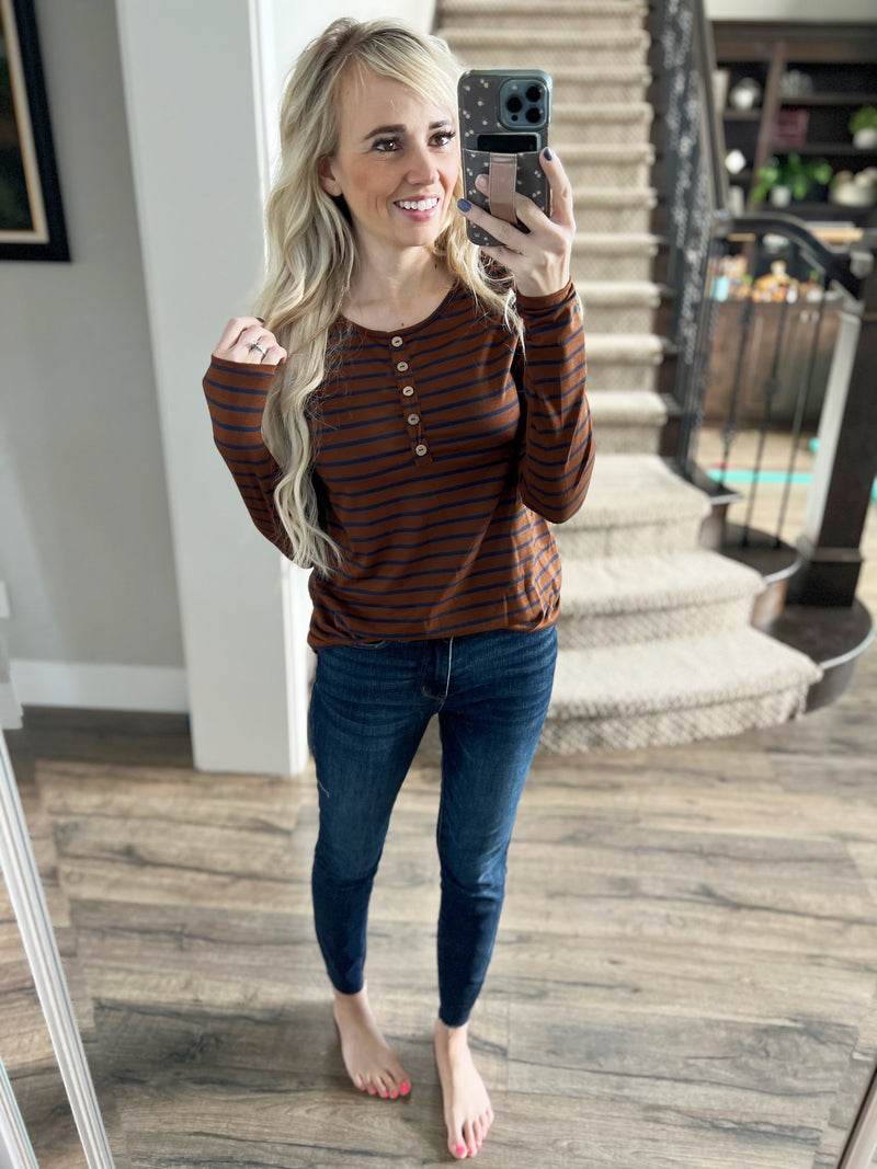 To The Top Striped Henley Top in Chestnut