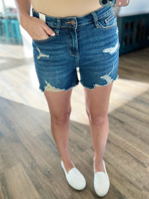 Judy Blue Far From Here Distressed Dark Wash Shorts